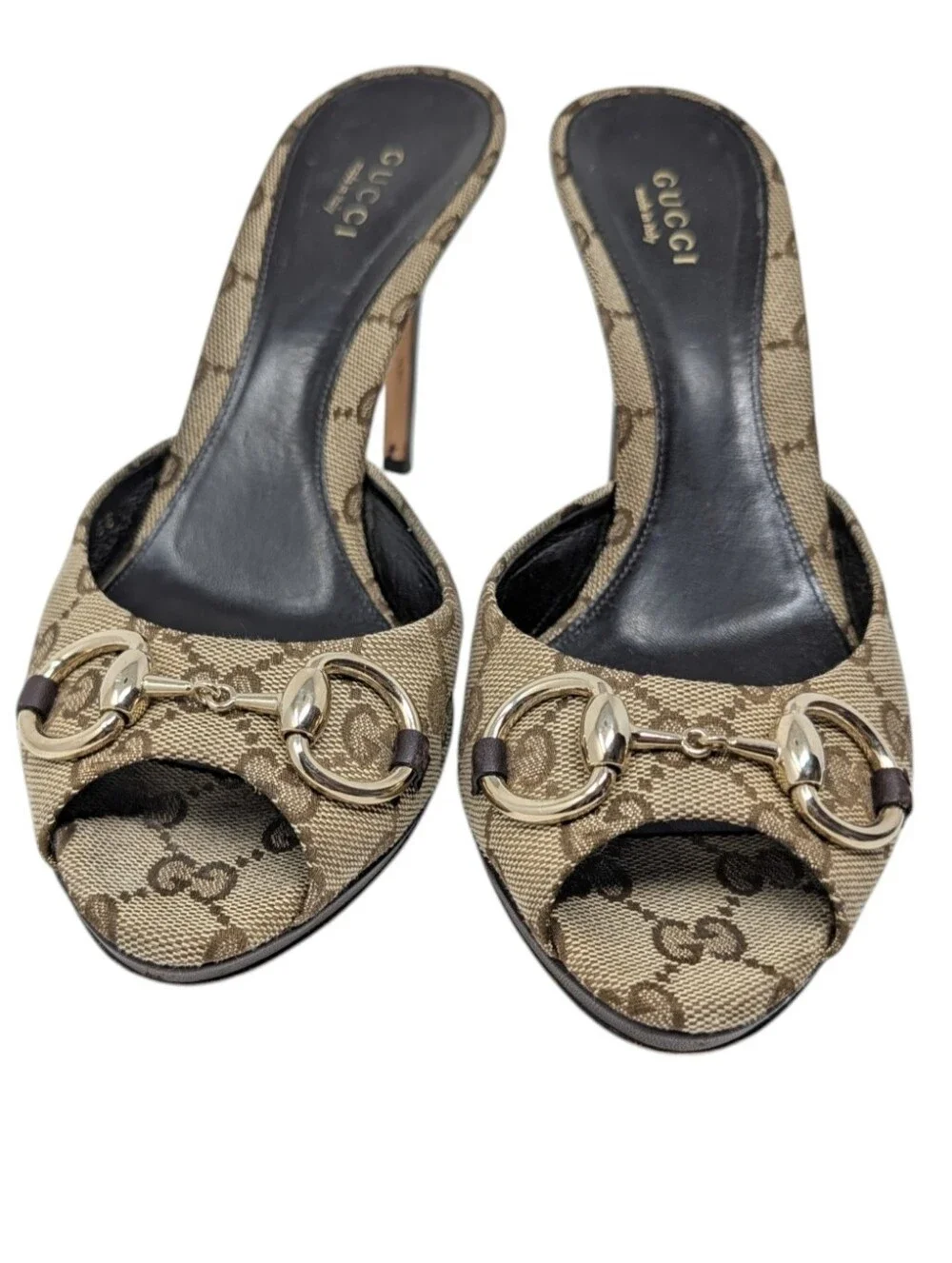Gucci Erin Monogram Horsebit Peep Toe Dress Up Mule Sandal Size EU 38
